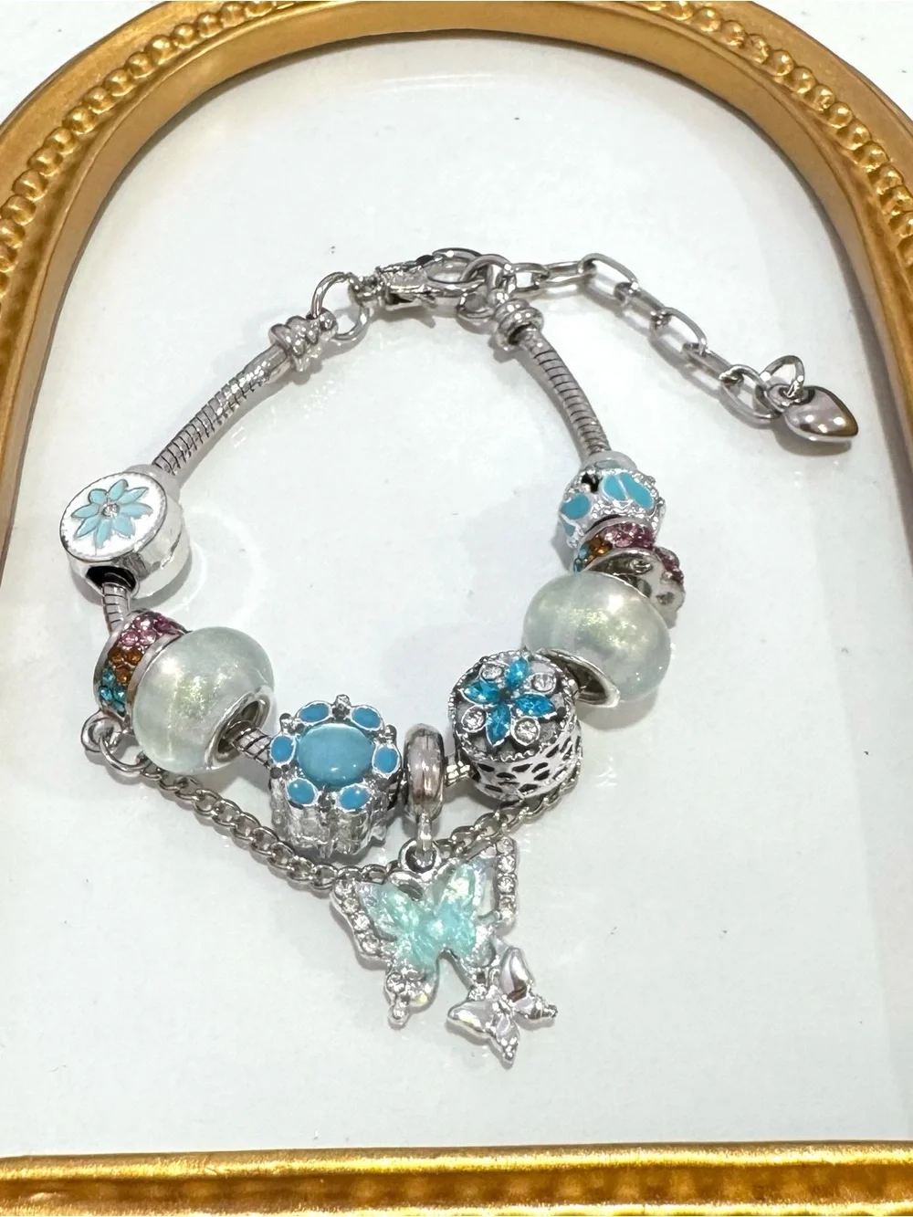 New Stainless Steel Charm Bracelet w/ Blue Charms 7 inches plus extender